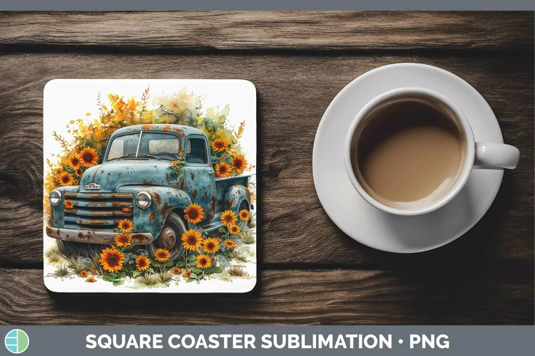 Autumn Boho Vintage Truck Square Coaster Sublimation Coaster
