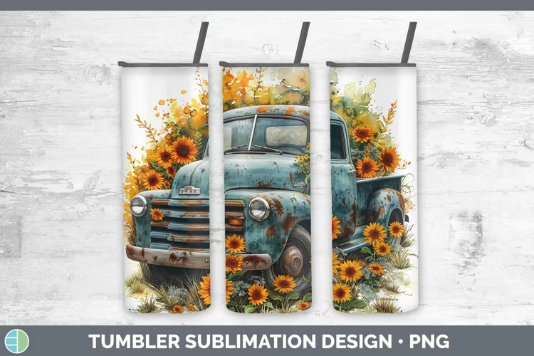Autumn Boho Vintage Truck Tumbler Sublimation 20 oz Skinny T