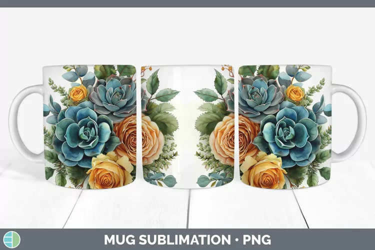 Autumn Boho Succulents Mug Wrap Sublimation Coffee Cup Desig