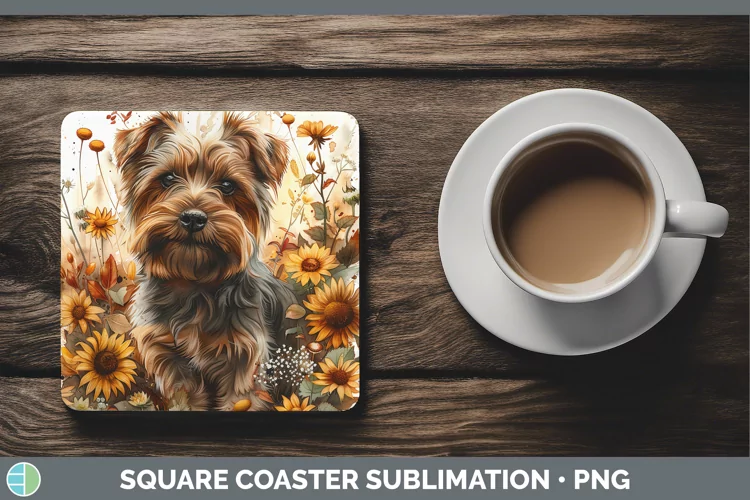 Autumn Boho Yorkshire Terrier Square Coaster Sublimation Coa