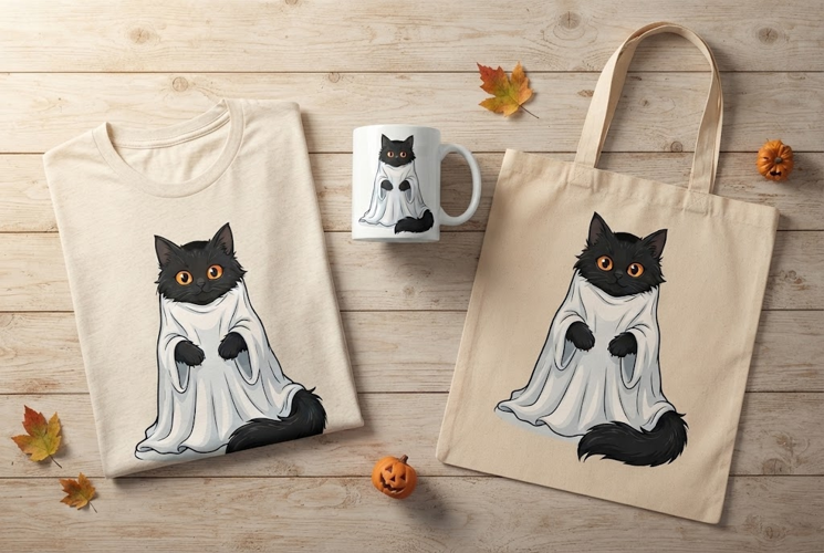 Ghost Black Cat Cute Spooky Halloween Art Print