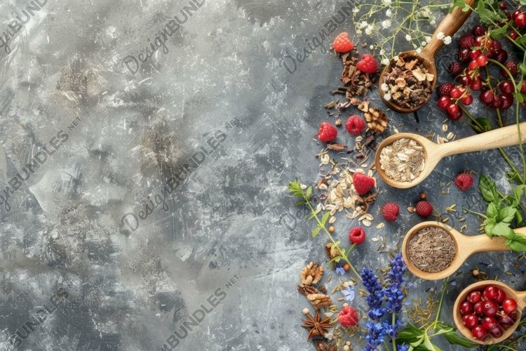 Flatlay photo, fruit and cereal with copy space