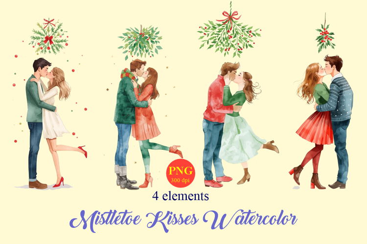 Mistletoe Kisses Watercolor Clipart - Christmas Couples PNG