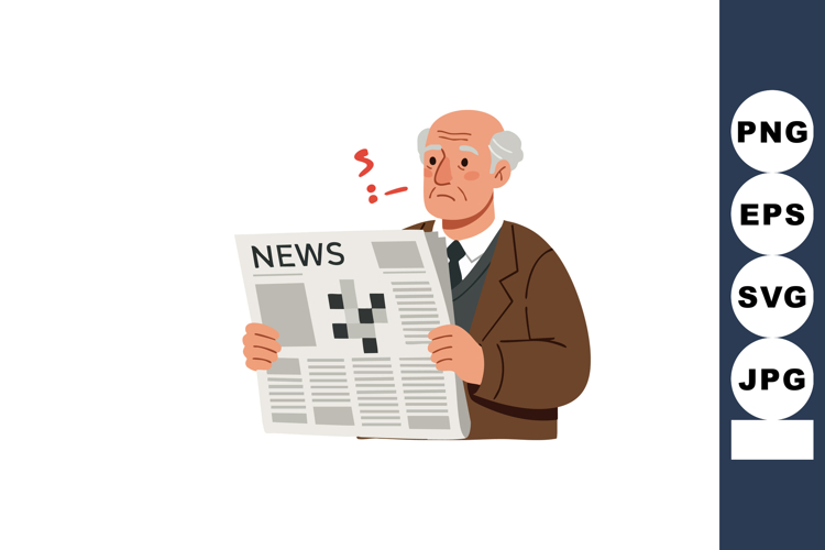 Elderly man reading newspaper with confused expression vecto