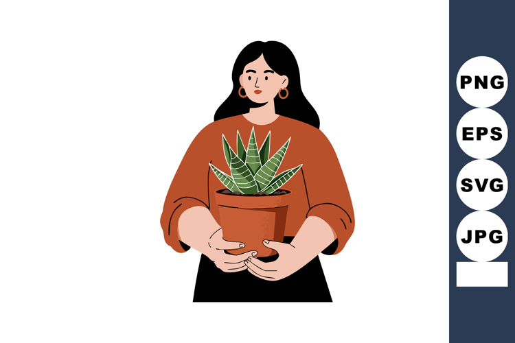 Woman holding potted succulent plant illustration in warm co