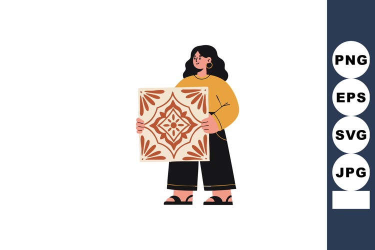Woman holding decorative tile with geometric pattern in must