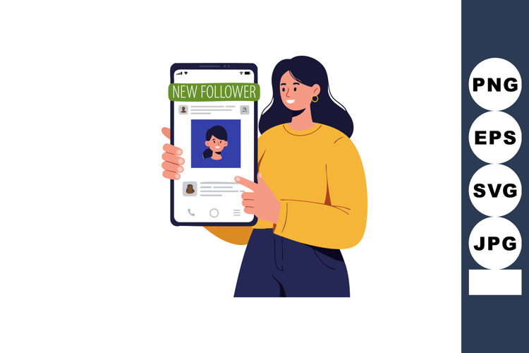 Woman showing smartphone with new follower notification soci