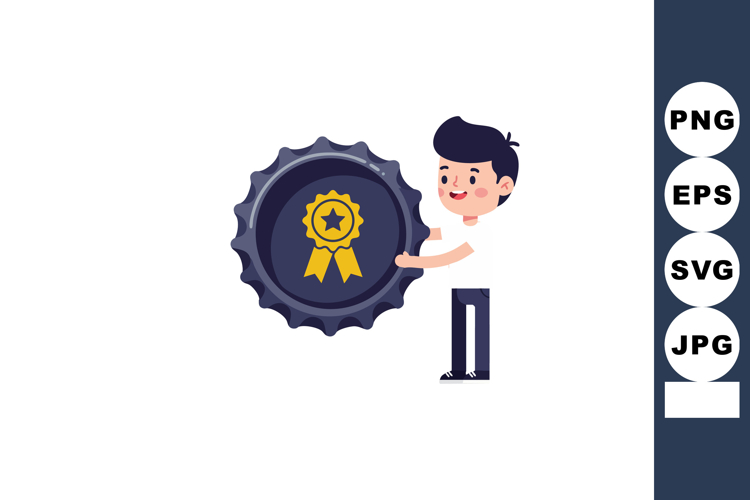 Boy holding large bottle cap with star ribbon symbol vector