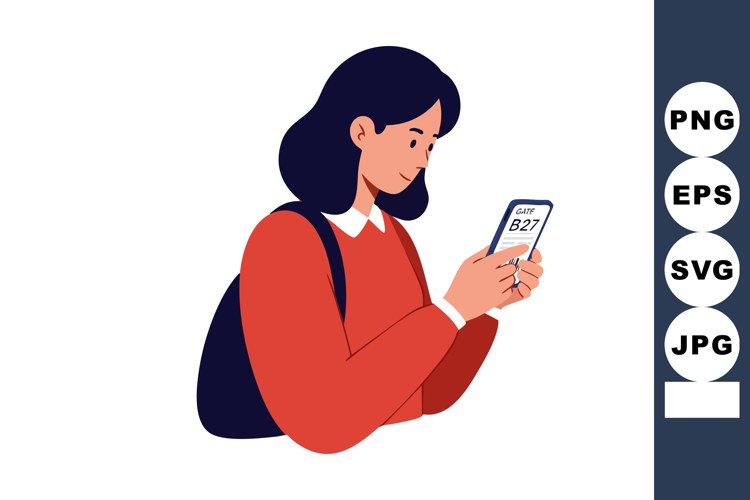 Woman in red sweater checking flight boarding pass on smartp