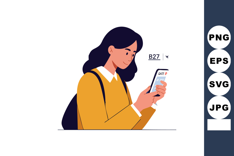 Woman Checking Flight Gate on Mobile Phone at Airport Termin