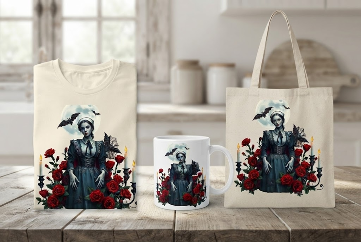 Gothic Halloween Nurse PNG with Roses, Bats & Candles