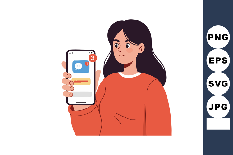 Woman in orange sweater holding smartphone with chat notific