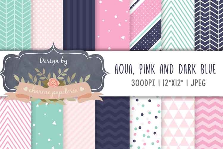 Aqua, Pink and Dark Blue Digital Paper example image 1