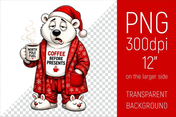 Funny Morning Coffee White Bear in Santa Hat example image 1