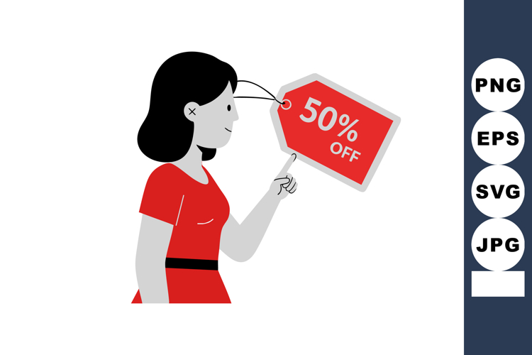 Woman pointing at red 50 percent off sale tag discount promo