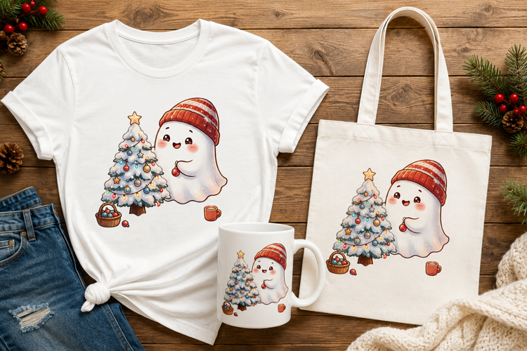 Kawaii Christmas Ghost Decorating Snowy Tree Winter Art