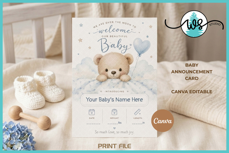 Editable Canva Baby Birth Announcement Card Bear Template