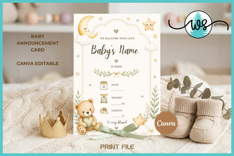 Editable Canva Baby Birth Announcement Card Bear Template