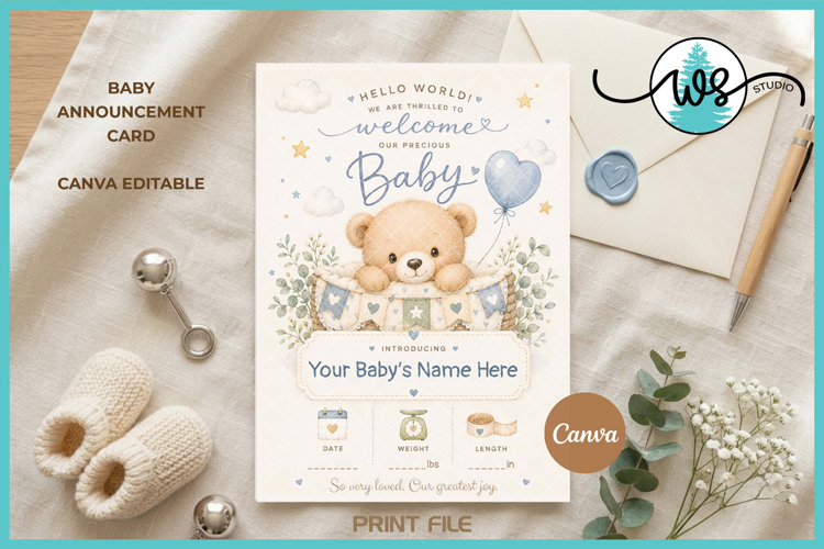 Editable Canva Baby Birth Announcement Card Bear Template
