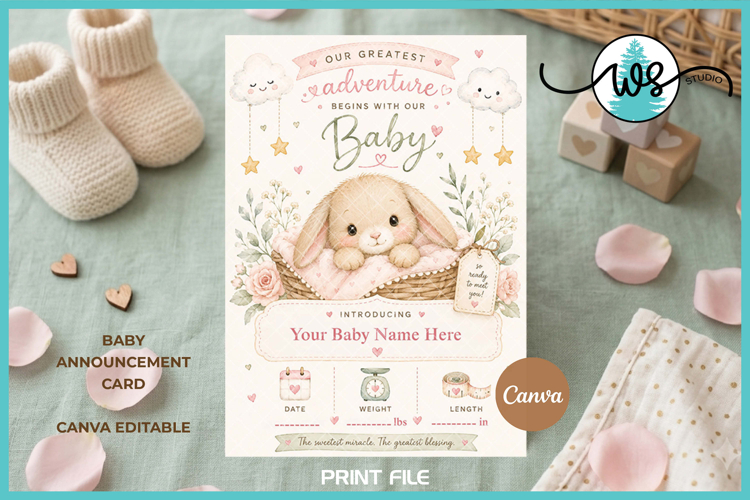Editable Canva Baby Birth Announcement Card Bunny Template