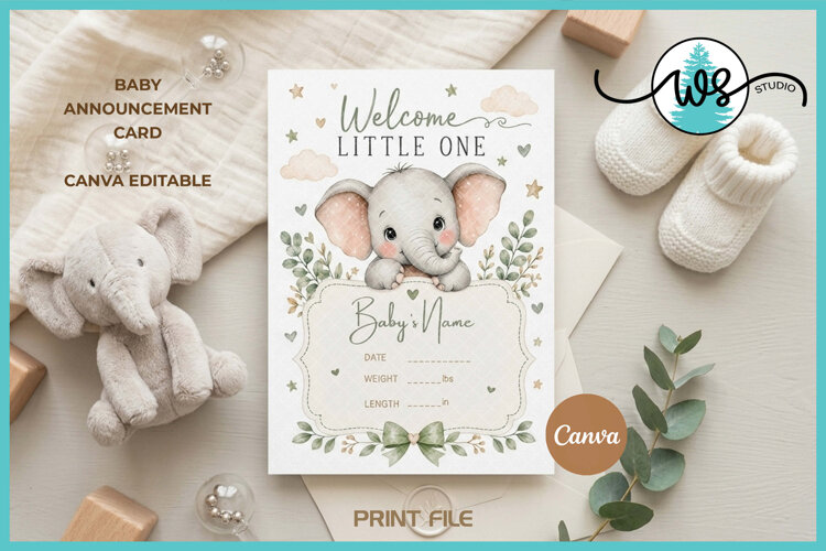 Canva Edit Baby Birth Announcement Card Elephant Template example image 1
