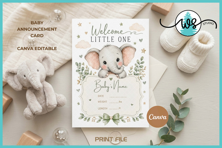 Canva Edit Baby Birth Announcement Card Elephant Template
