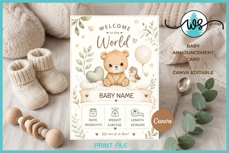 Editable Canva Baby Birth Announcement Card Template
