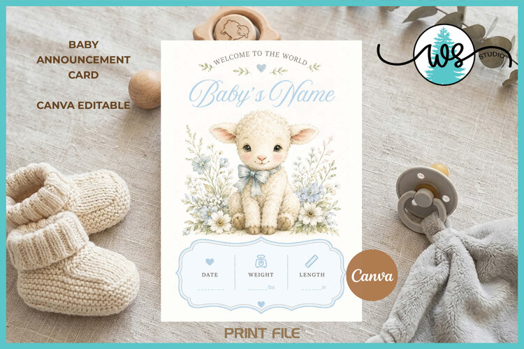 Editable Canva Baby Birth Announcement Card Lamb Template example image 1