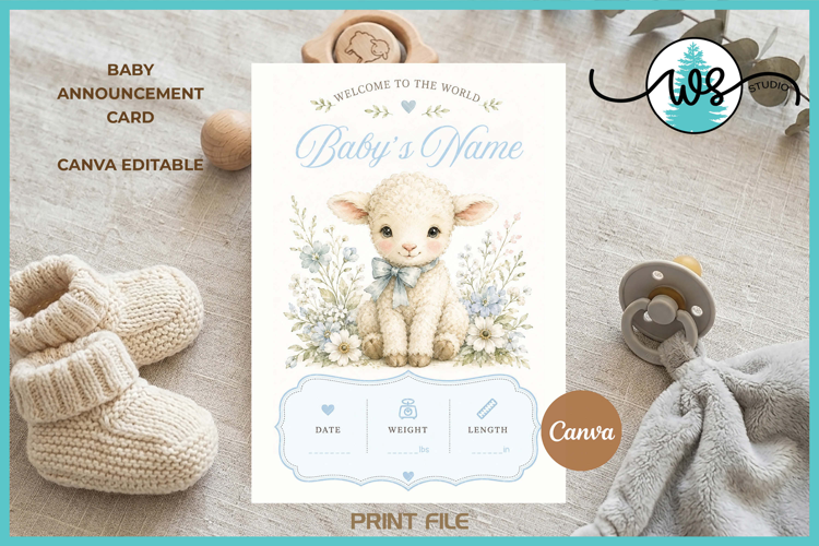 Editable Canva Baby Birth Announcement Card Lamb Template