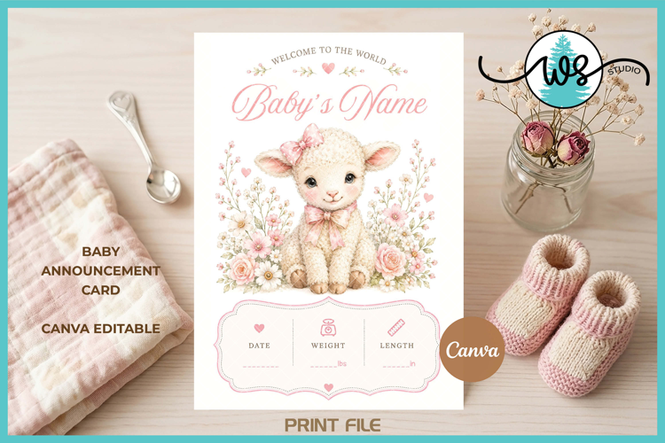 Editable Canva Baby Birth Announcement Card Lamb Template