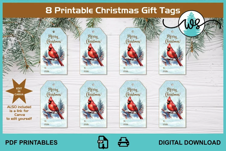 Christmas Winter Bird Printable Editable Gift Tags