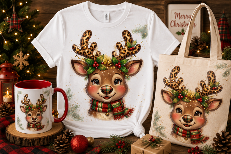 Cute Christmas Reindeer PNG | Leopard Antlers Holiday Design