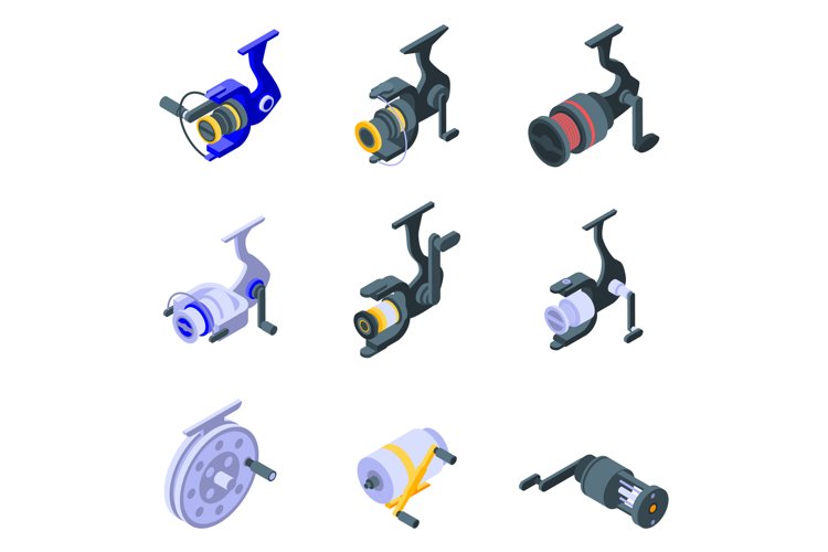 Fishing reel icons set, isometric style