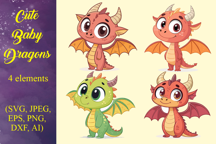 Cute Baby Dragons Clipart Set | Cartoon Little Dragon SVG