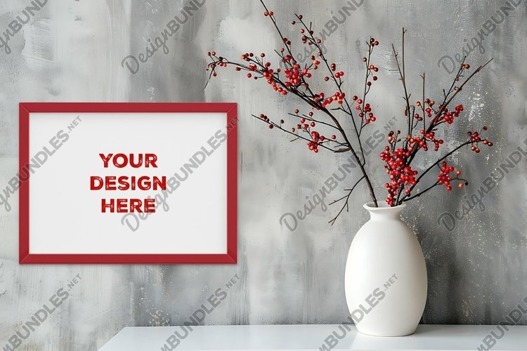 Frame mockup on grunge industrial wall with vase and flowers example image 1