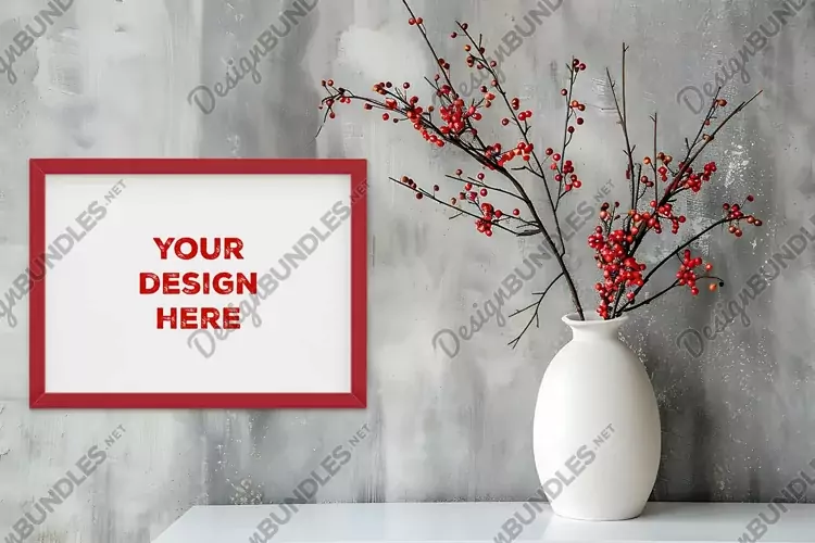 Frame mockup on grunge industrial wall with vase and flowers