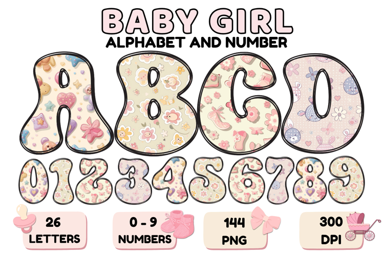 Baby Girl Alphabet PNG Cute Baby Letters & Numbers 300 DPI