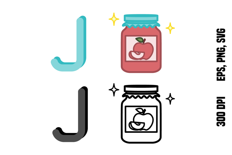 Letter J and Jam. Color and Line Vector