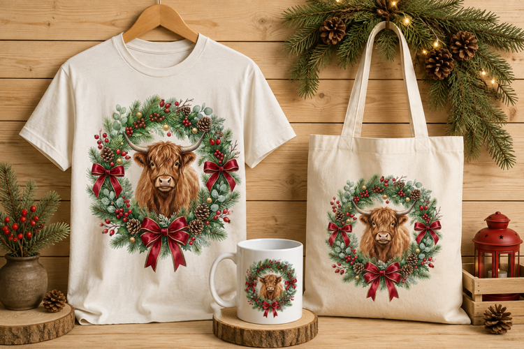 Highland Cow inside Festive Christmas Wreath Art Print