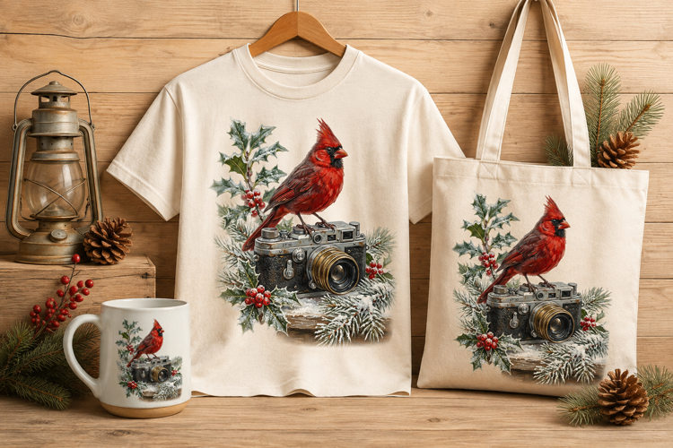 Red Cardinal on Vintage Camera Winter Holiday Art Print