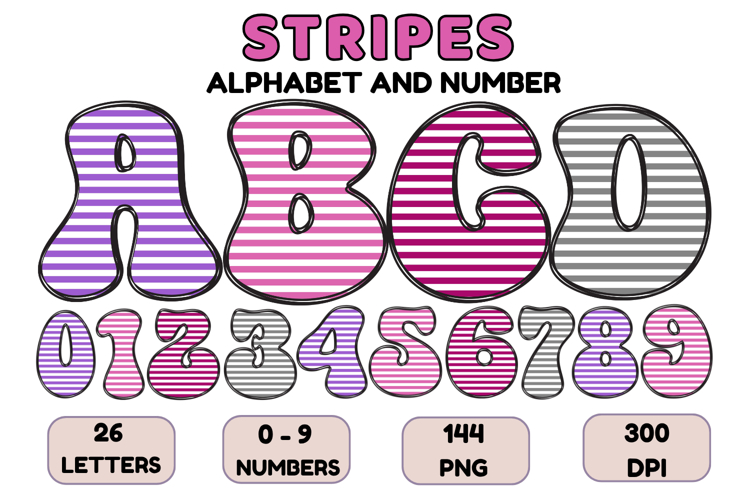 Stripes Alphabet Letters & Numbers Clipart PNG 300DI