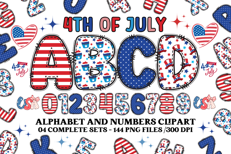 4th July Alphabet png clipart, independence letters doodle