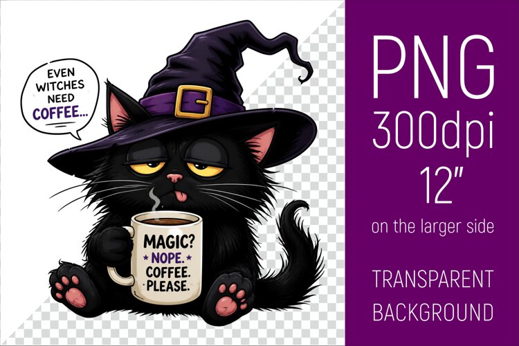 Funny Morning Coffee Cat in Witch Hat | Halloween Clipart example image 1