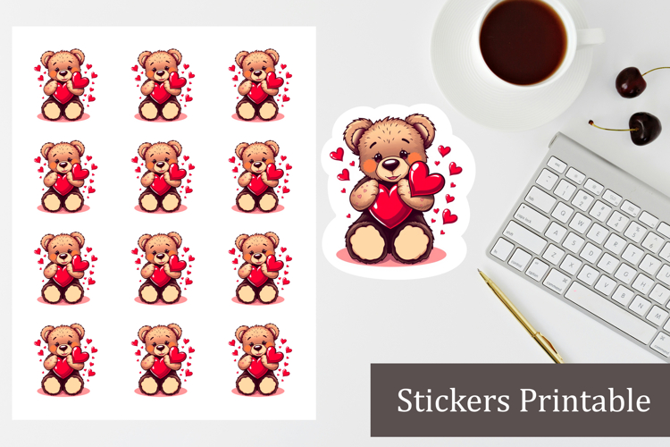 Valentines Bear with Hearts | Cut animal sticker sheet