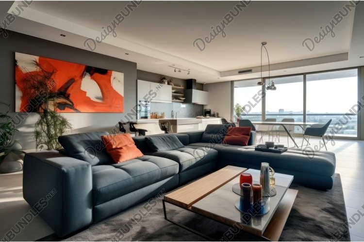 Modern urban living room with city view example image 1