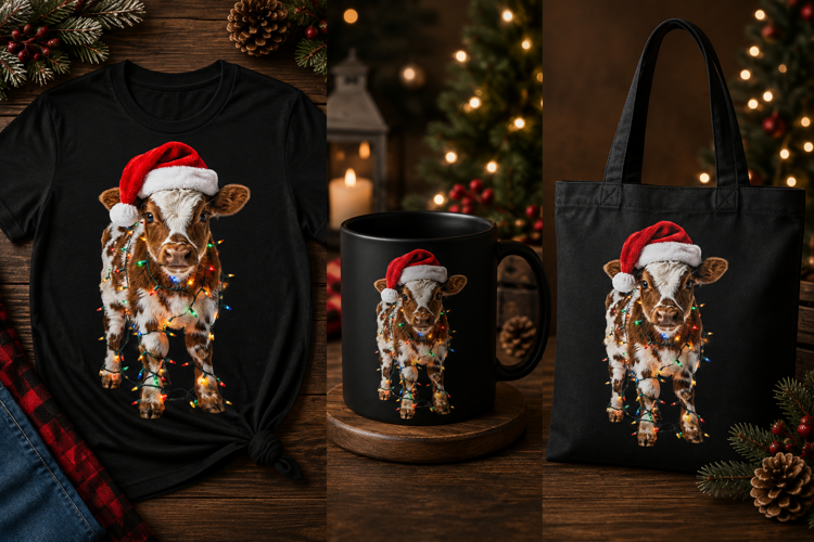 Cute Christmas Calf PNG with Santa Hat & Holiday Lights
