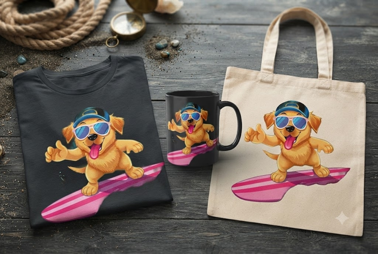 Cute Surfing Dog PNG Kawaii Summer Beach Clipart Design