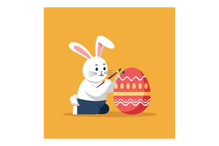 A cute bunny painting a colorful Easter egg in a flat vector