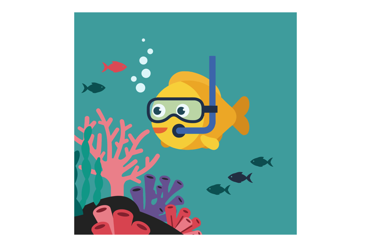 Happy cartoon fish wearing snorkel swimming among colorful c
