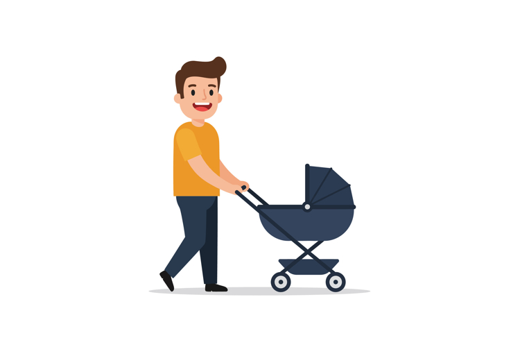 Happy father pushing a stroller in a bright and cheerful fla example image 1